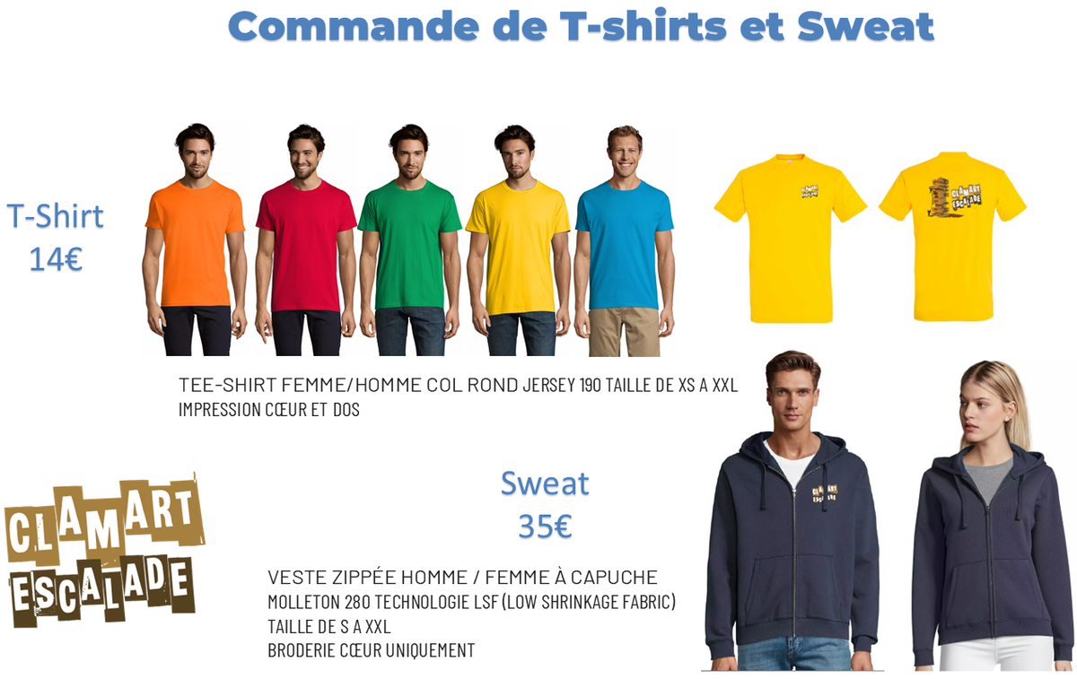 T-shirts (orange, rouge, vert, jaune, bleu) avec logo Clamart Escalade côté cœur et grand logo dans le dos, et sweat zippé à capuche marine avec broderie cœur.